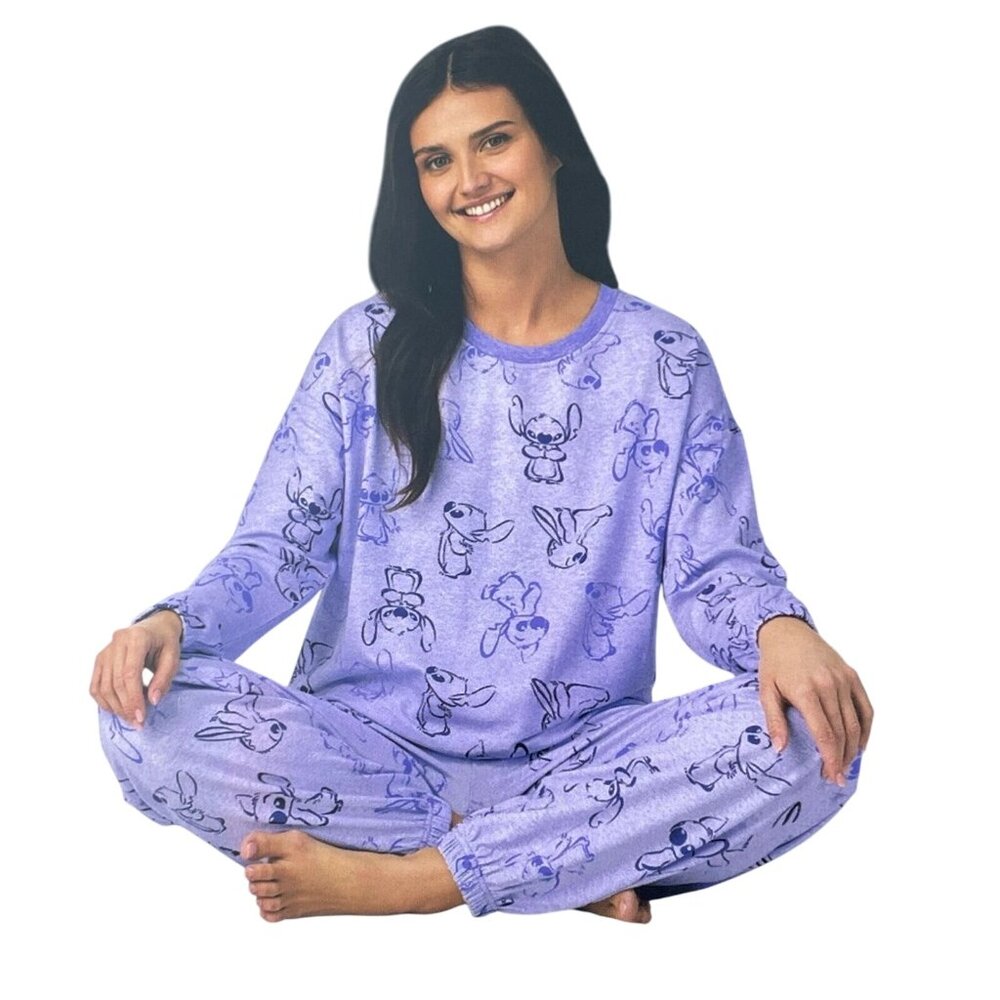 New Disney Lg 2 Piece PJs Lilo Stitch Pajama Set Long Sleeve Top Pants Sleepwear